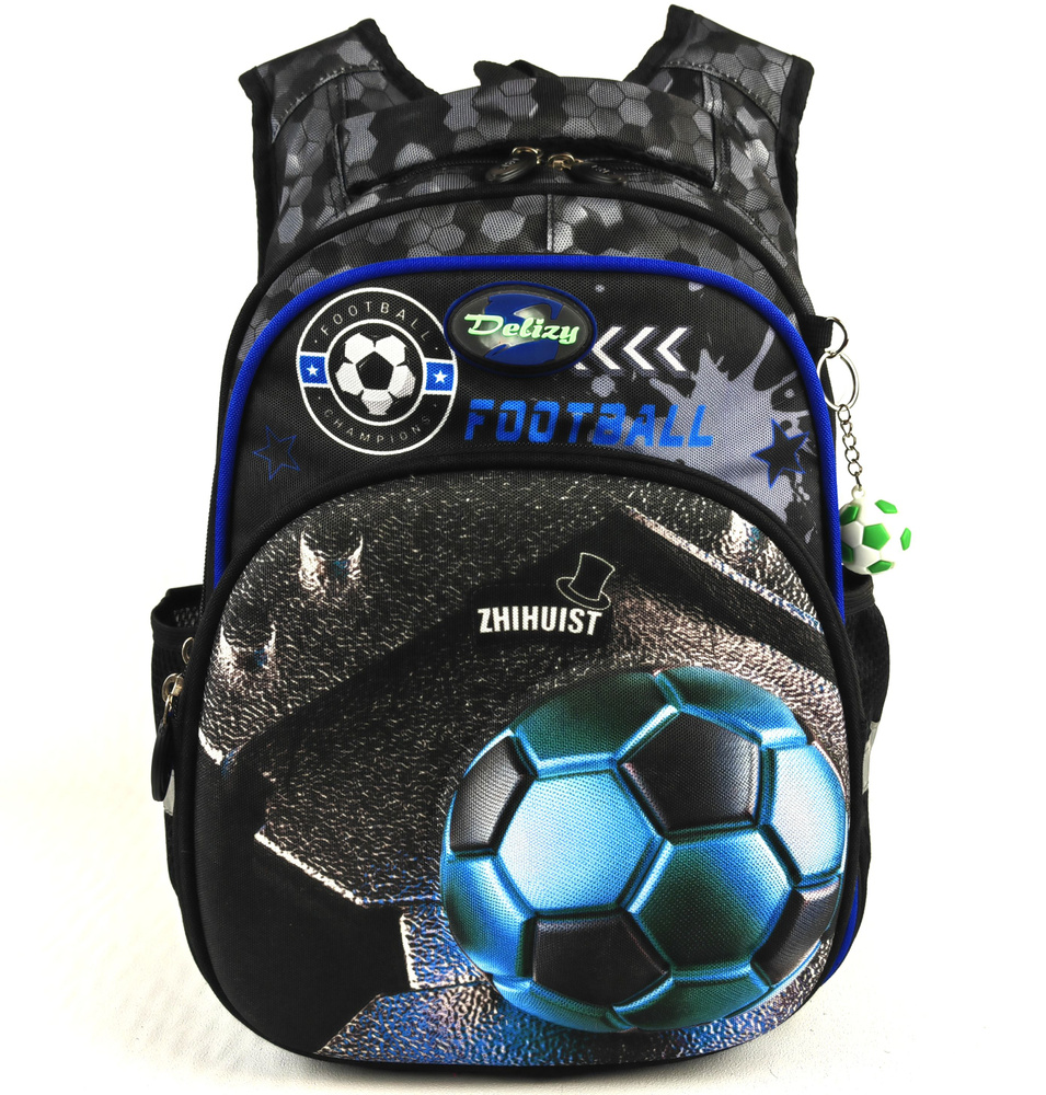 Рюкзак школьный с брелком "Футбольный мяч / Футбол - Football" для мальчиков, серо-синий  #1