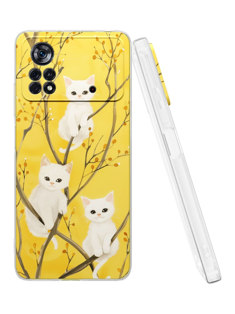 Силиконовый чехол Mcover для Poco X4 Pro (Поко Х4 Про 5Джи), kittens on a branch  #1