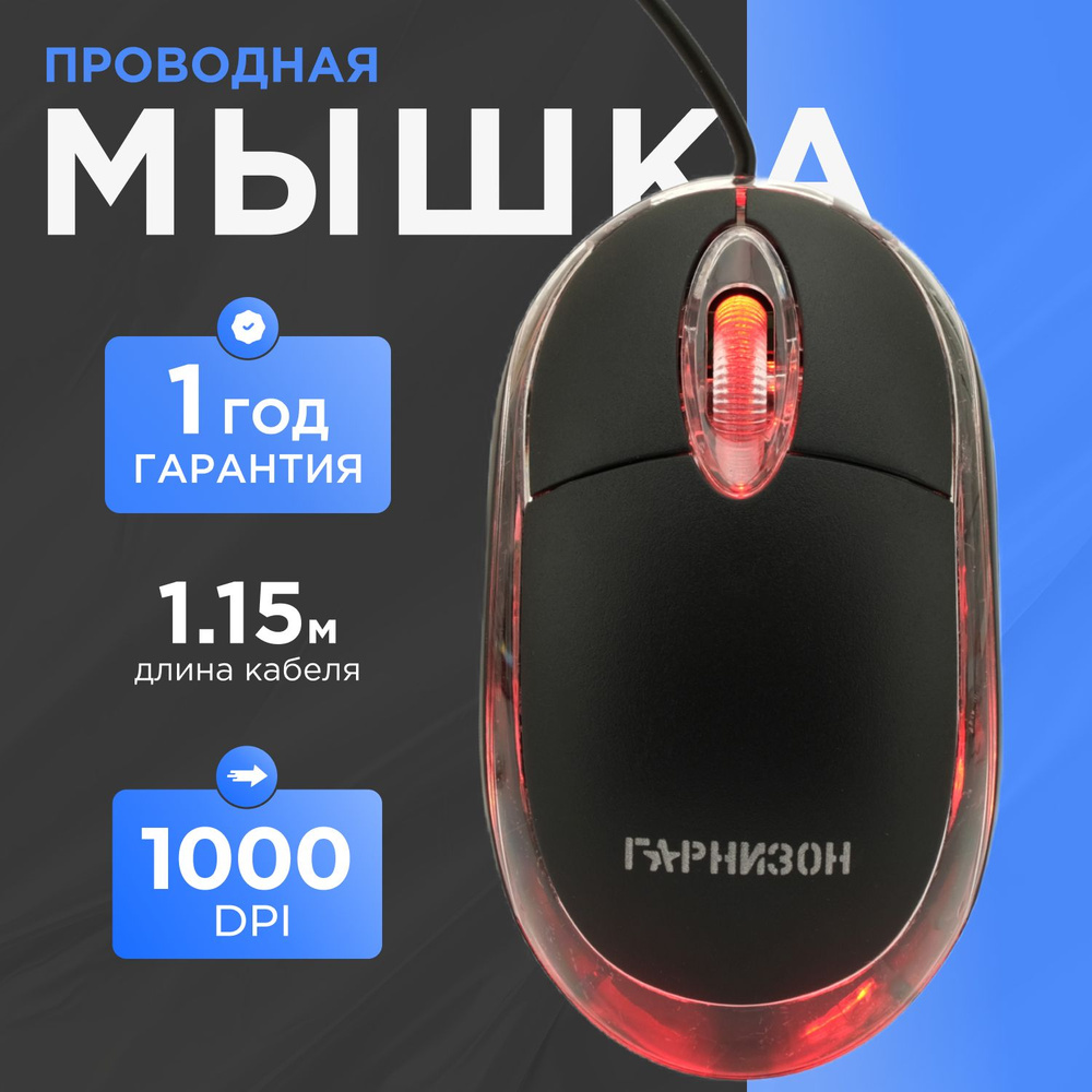 Мышь проводная, USB, чип- Х, черный, 1000 DPI, 2кн.+колесо-кнопка, Гарнизон GM-100  #1