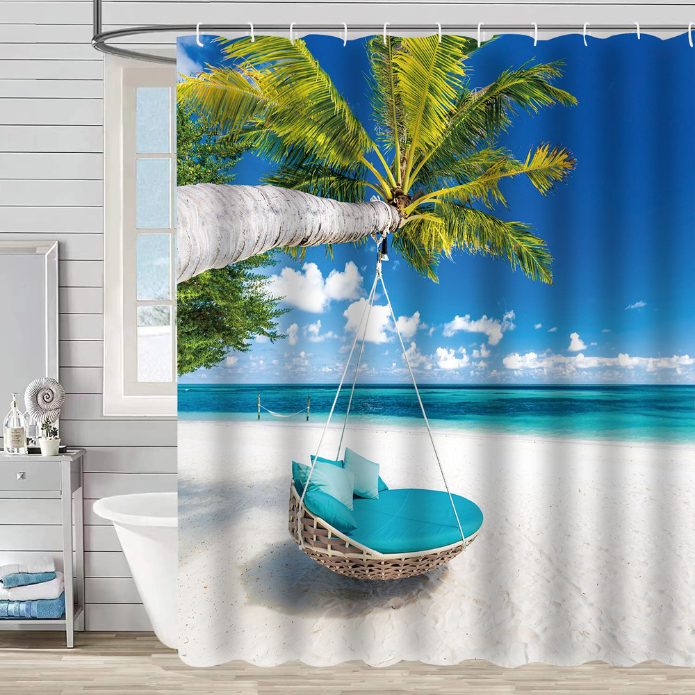 Штора (занавеска) для ванной / душа водоотталкивающая тканевая с кольцами 180 x 180 см Качели на пляже #1