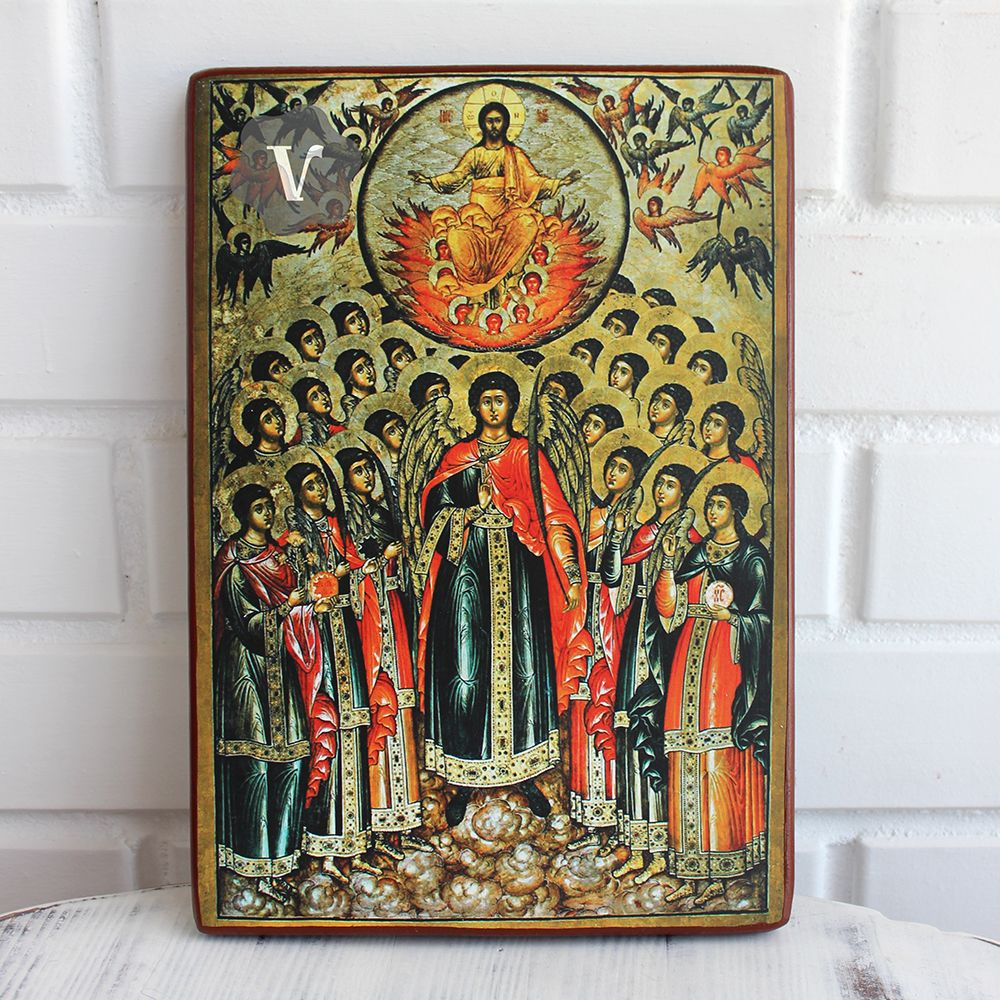 Православная икона Божией Матери "Собор Архангела Михаила", деревянная иконная доска, левкас, ручная #1