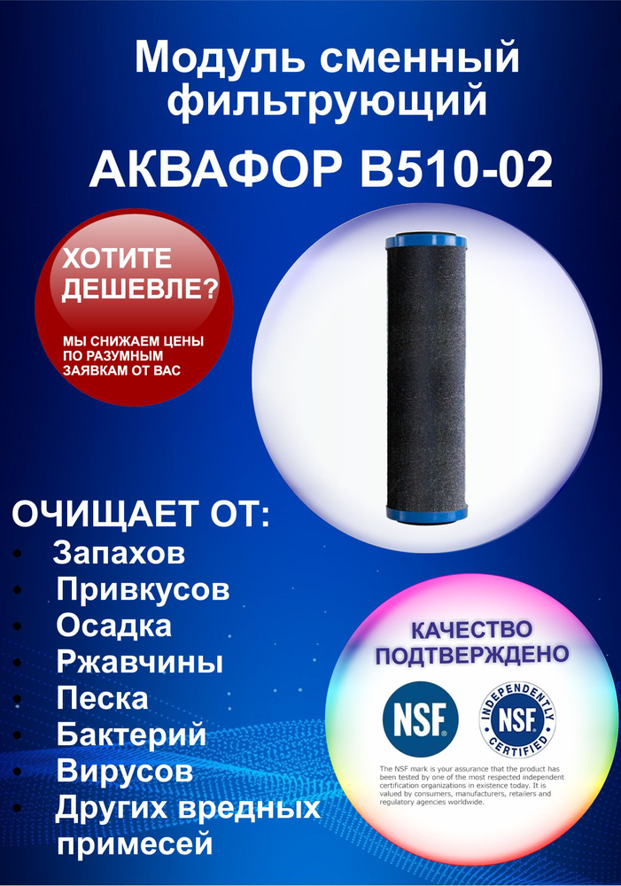 Сменный модуль Аквафор В510-02. Очищает от хлора, запахов, привкусов и других загрязнений, картридж из #1