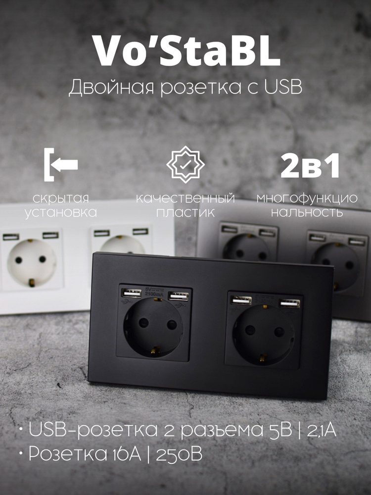 Двойная розетка черная с usb для зарядки #1