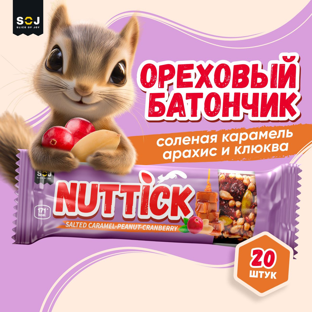 SOJ Ореховый батончик Соленая карамель арахис и клюква с шоколадом Nuttick, 20шт х 35г  #1