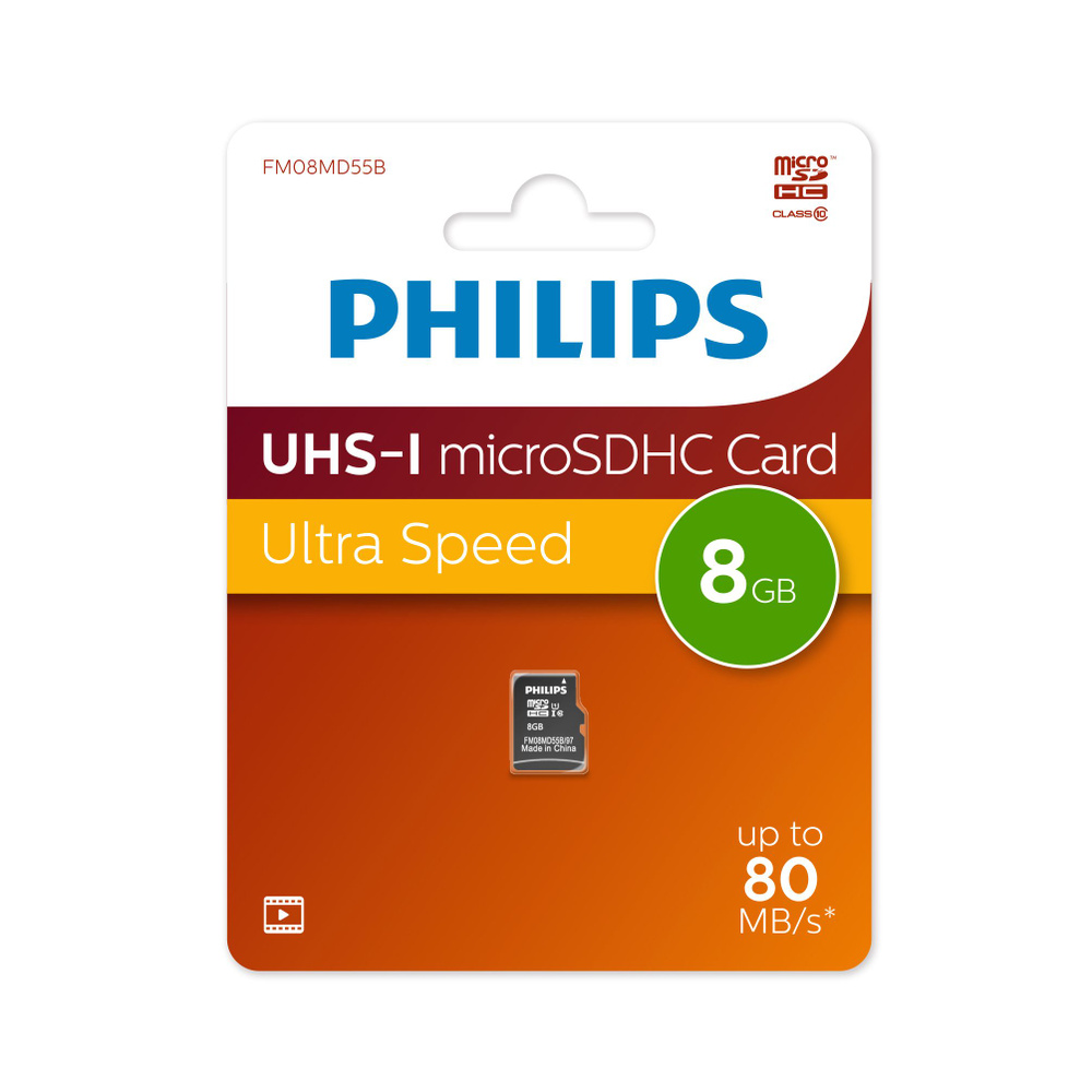 Флеш карта microSD 8GB PHILIPS High Speed microSDHC Class 10 80MB/s #1