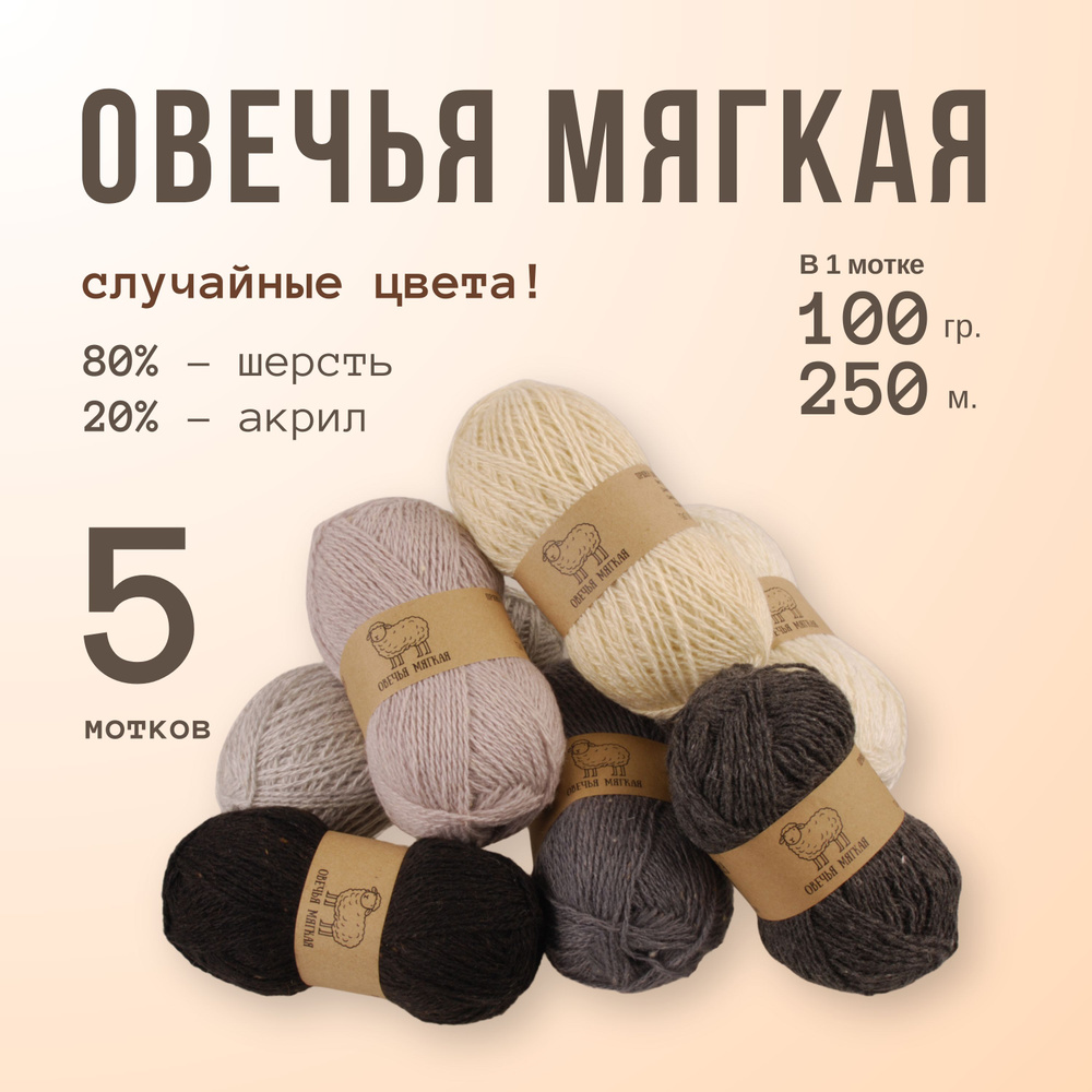 Пряжа для вязания ALPIRA "Овечья мягкая", 70% шерсть, 30% акрил, 100 г/250 м, ассорти, 5 мотков  #1