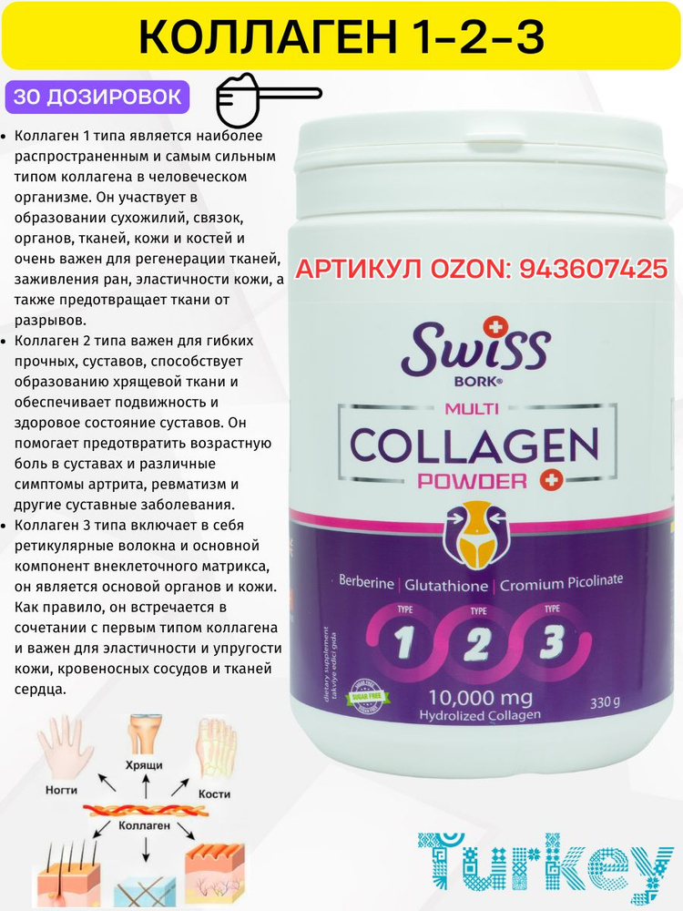 Multi Collagen Powder. Коллаген 1-2-3 типа, Пептиды коллагена, Гиалуроновая кислота, Глутатион, Берберин. #1