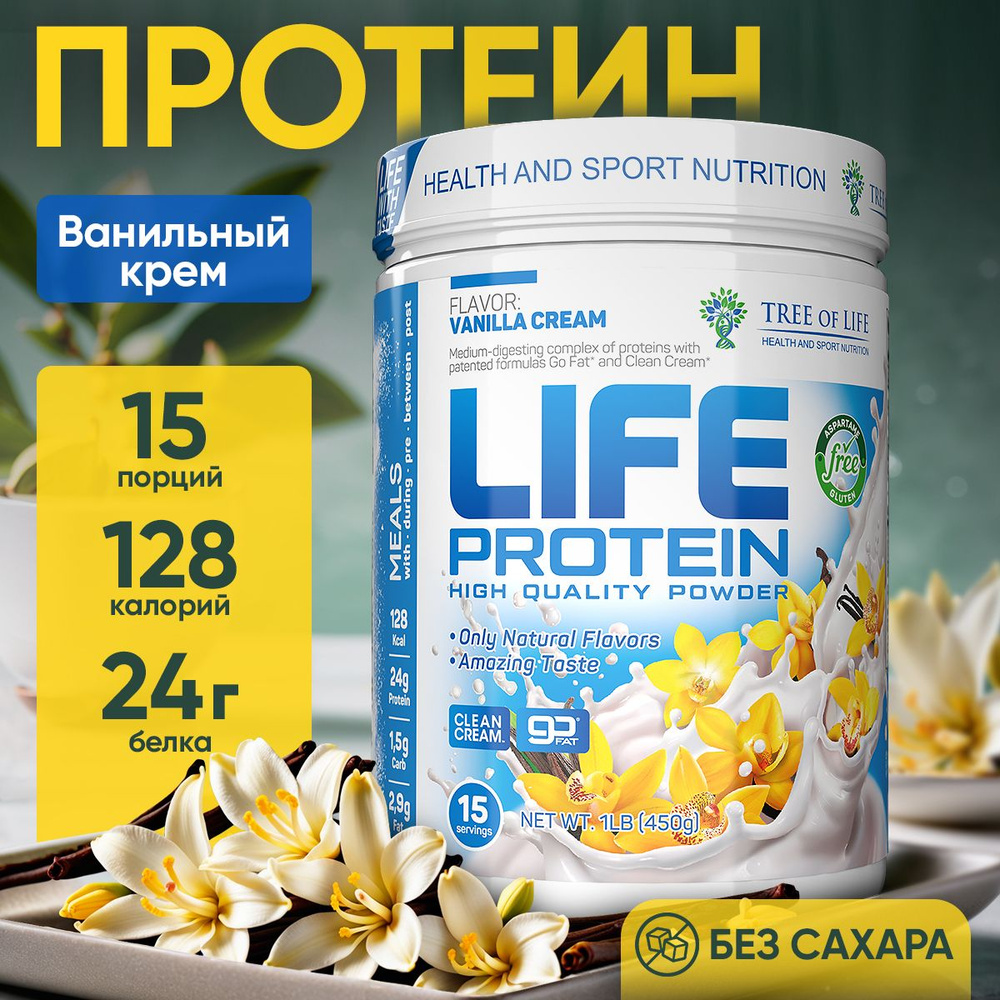 Протеин изолят сывороточный многокомпонентный Лайф Life Protein 1LB белковый коктейль "Ваниль", спорт #1