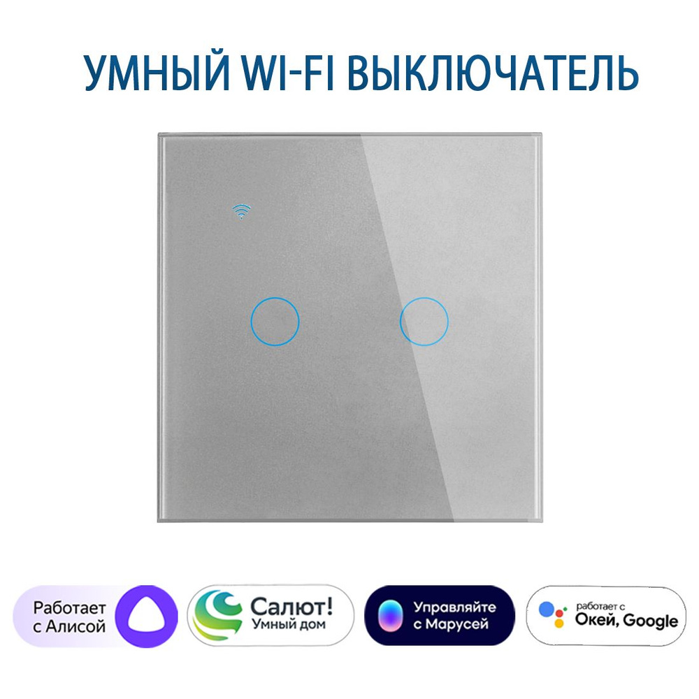 Умный выключатель с Алисой, сенсорный выключатель с Wi-Fi двухклавишный серый, подключение с нулем и #1