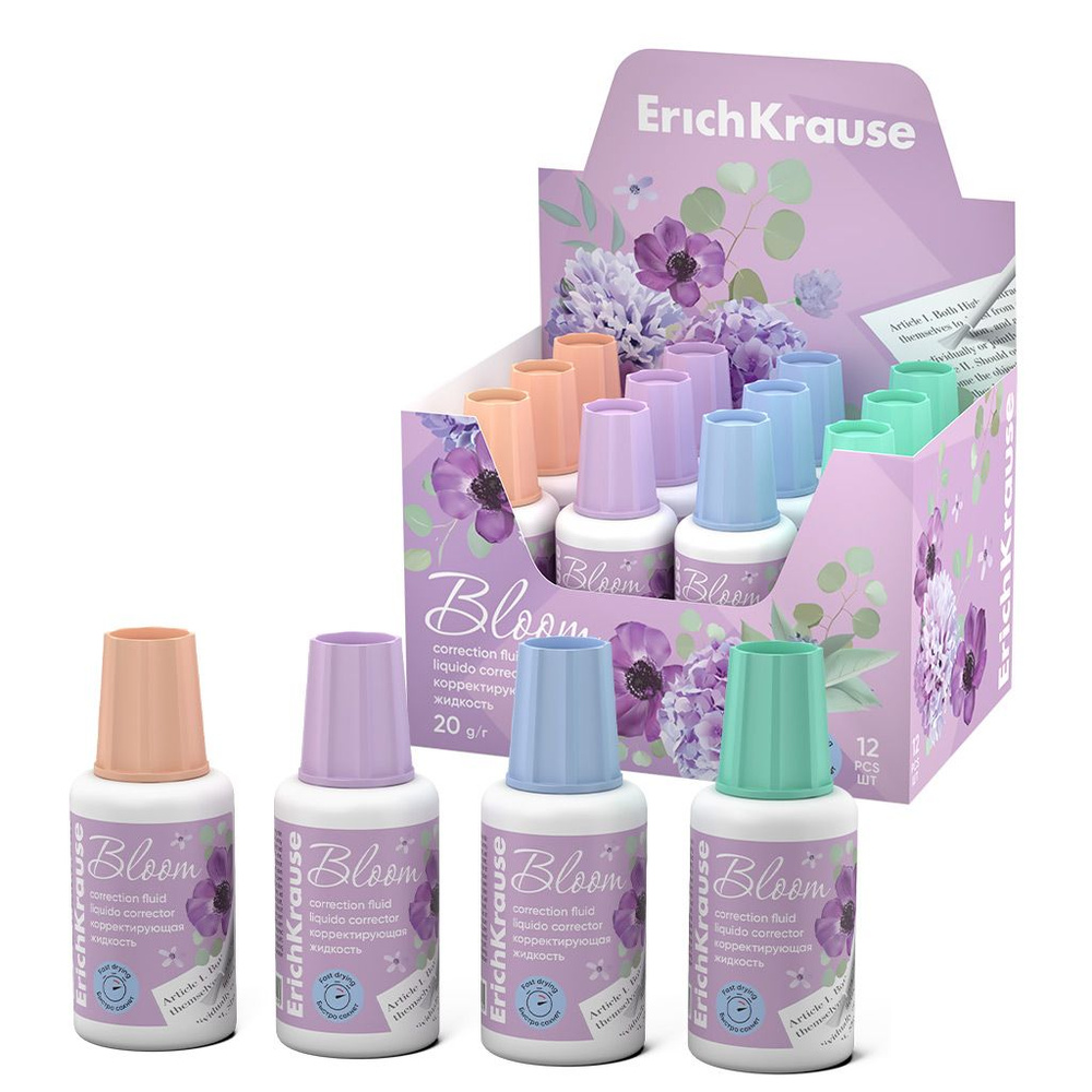 Корректирующая жидкость с кисточкой ErichKrause "Pastel Bloom", 20г, ассорти (наборе из 4 штук.)  #1