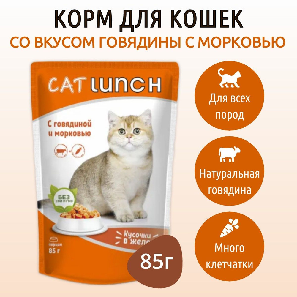 Влажный корм CAT LUNCH 85 г для кошек Говядина кусочки в желе, в пауче  #1