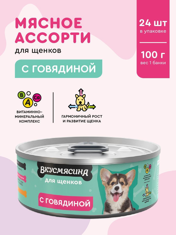 Корм консервированный для щенков ВКУСМЯСИНА с говядиной, 100 г х 24 шт.  #1