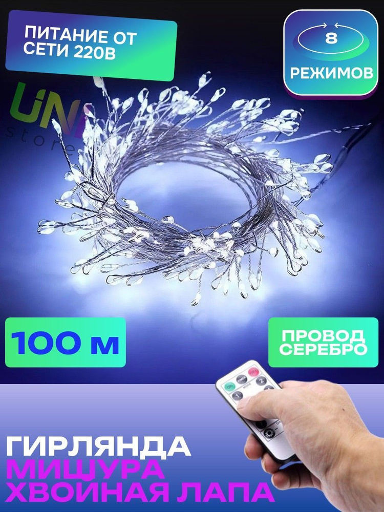 Новогодняя гирлянда Роса МИШУРА С ПУЛЬТОМ 100 м ПРОВОД СЕРЕБРО (хвойная лапа) светодиодная, питание от #1