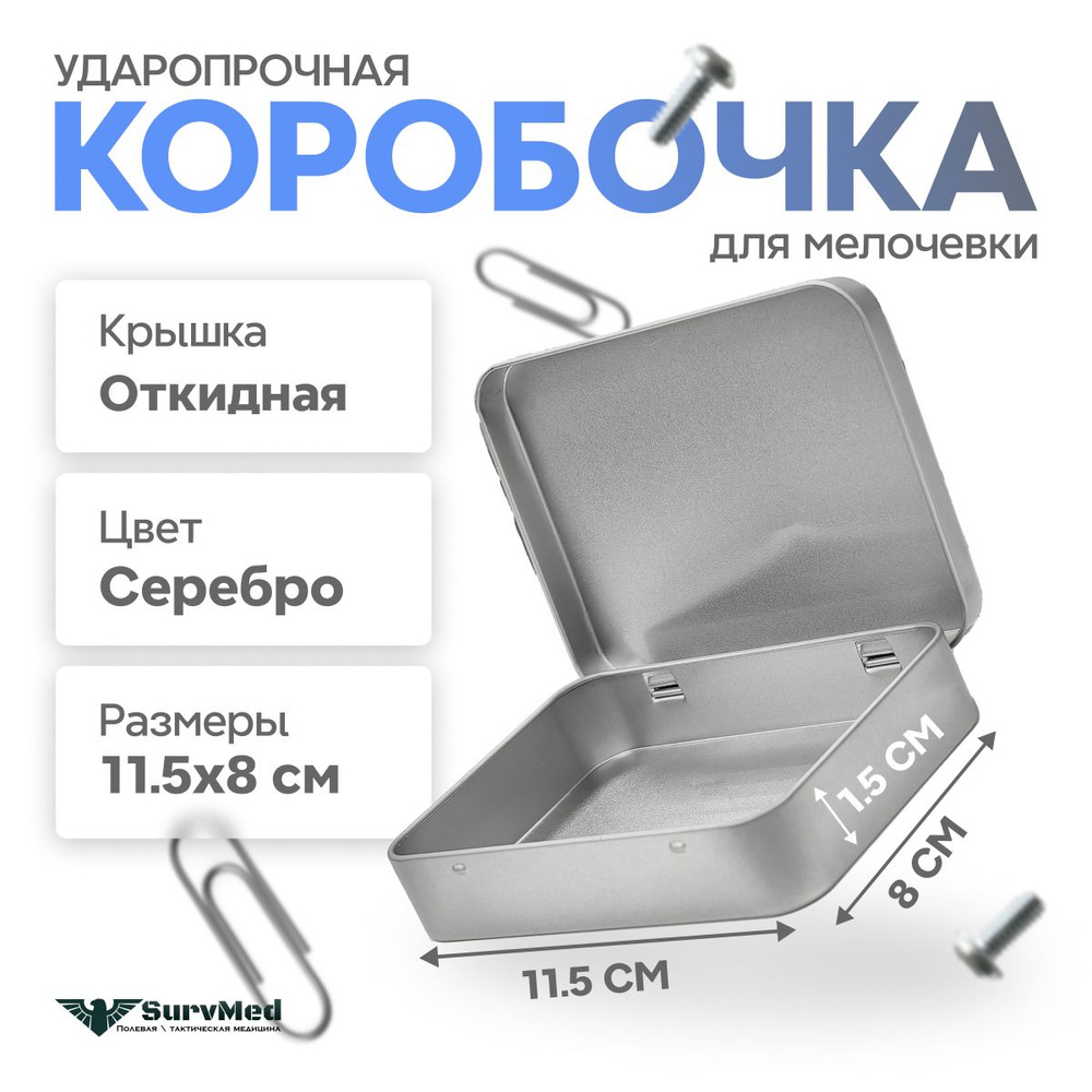 Ударопрочная коробочка для мелочевки с откидной крышкой (115х85х22 мм) серебряная  #1