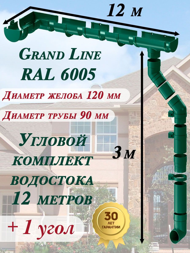 Угловой/прямой комплект водосточной системы Grand Line на 12 м карниза (120мм/90мм) зеленый для вальмовой #1