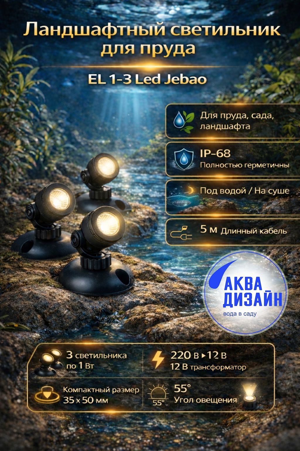 ЛандшафтныйсветильникдляпрудаEL1-3LedJebao(1Wх3)