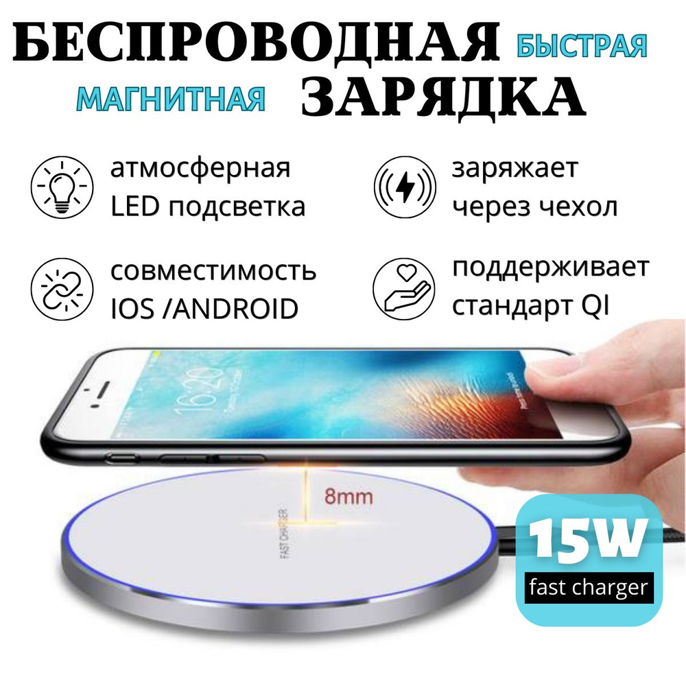 Беспроводная зарядка для IOS и Android 15W белая круглая / Быстрое зарядное устройство для смартфонов #1