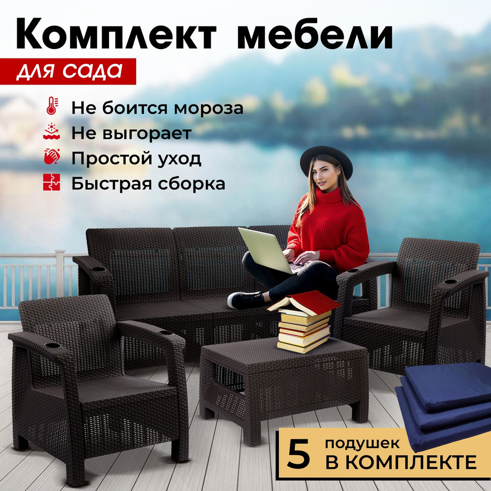 Комплект садовой мебели HomlyGreen Set 3+1+1+Кофейный столик+подушки темно-синего цвета  #1
