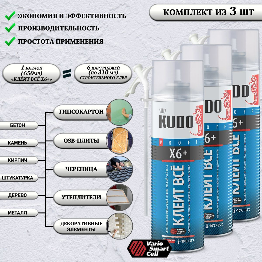 Клей-пена монтажный KUDO "КЛЕИТ ВСЕ X6+", полиуретановый, универсальный, всесезонный, 650 мл, комплект #1