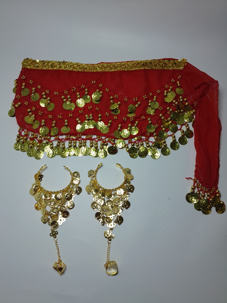 Пояс и браслеты для восточных танцев. Цвет красный, с золотой полоской. Длина 130, ширина 22 см. Браслеты #1