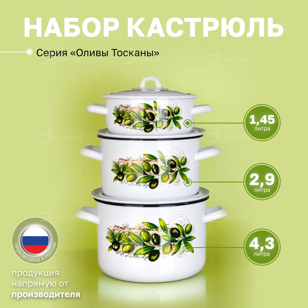 Набор кастрюль "ЭСТЕТ" эмалированные с крышками из 3х 1.45л, 2.9л и 4.3 литра  #1