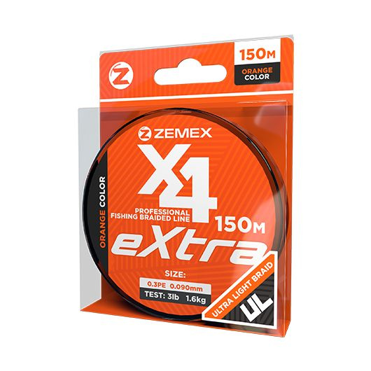 Плетеный шнур ZEMEX EXTRA X4 150 m, # 0.3 PE, d 0.09 mm, orange #1