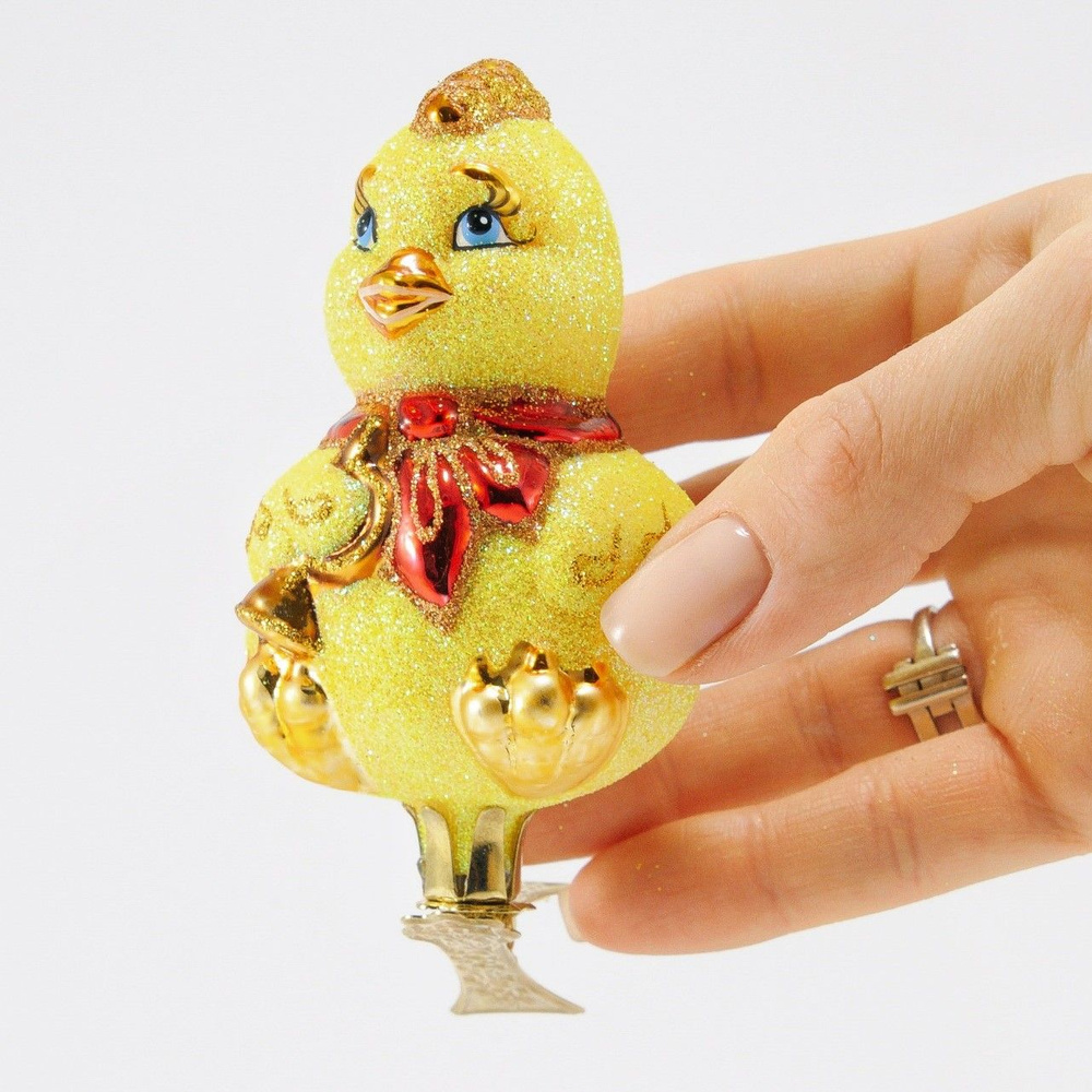 Новогодняя стеклянная ёлочная игрушка Vitus "Цыплёнок". Прищепка на ёлку 9см  #1