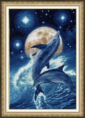 Набор для вышивания крестом "Дельфины"с добавлением светящихся ниток, арт.Ф-031, 35,2*22,9 см, Золотое #1