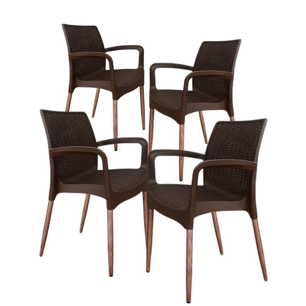 Кресло садовое 4 шт., Стулья пластиковые, 91x51x56 см., Стулья для кафе, пластик/металл, коричневый  #1