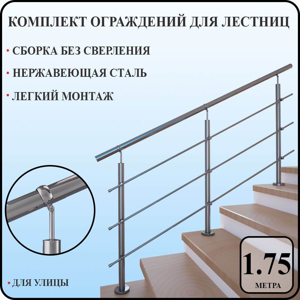 Перила для лестницы комплект легкий монтаж из нержавеющей стали 1,75 м. п. для улицы  #1