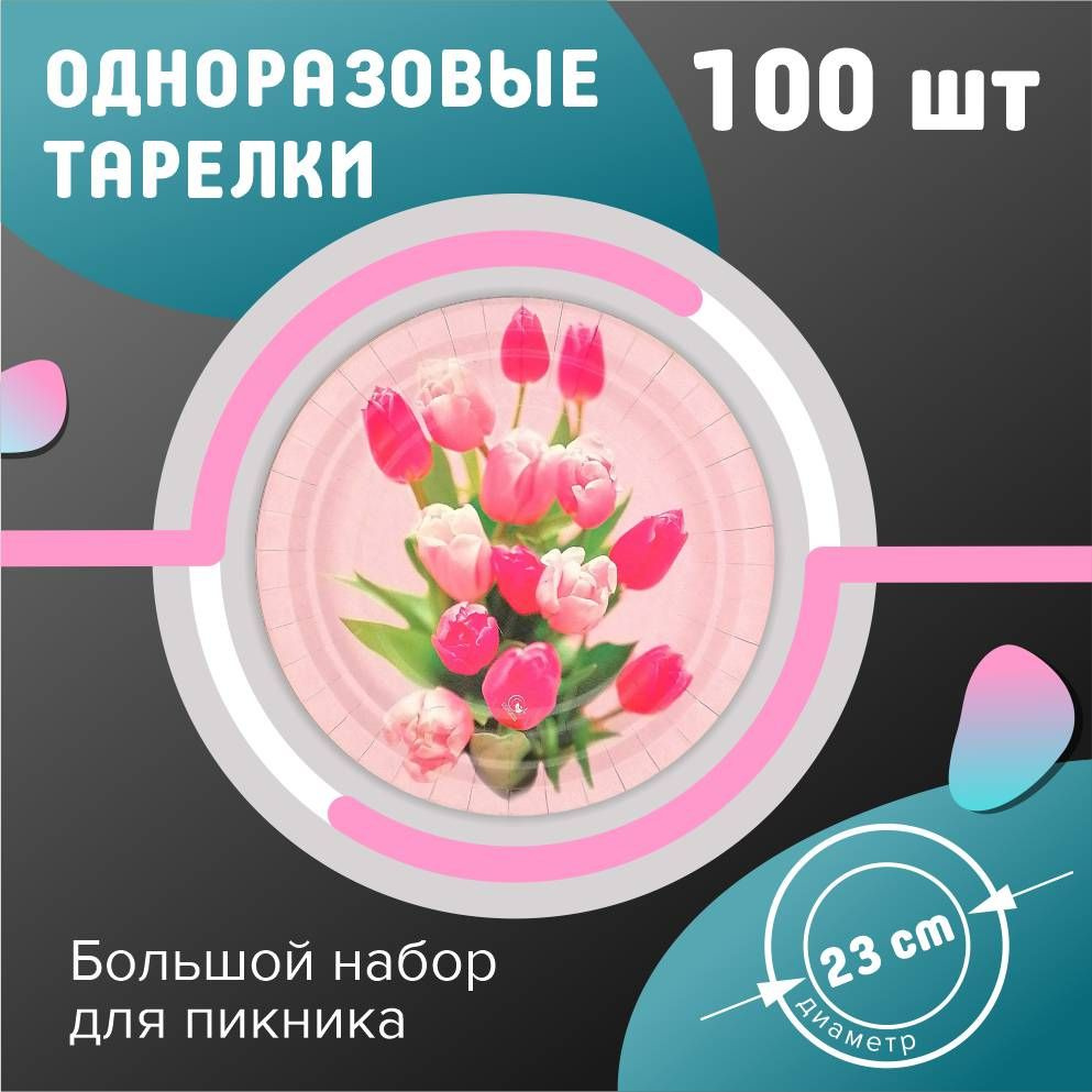 Одноразовые тарелки 23 см 100 шт. Тюльпаны #1