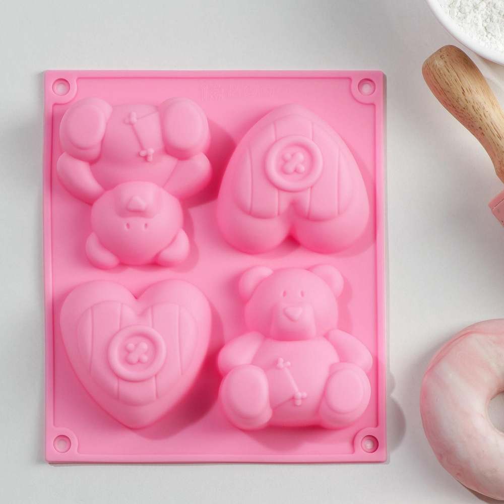 Форма силиконовая для выпечки и муссовых десертов Мишка и сердце  #1