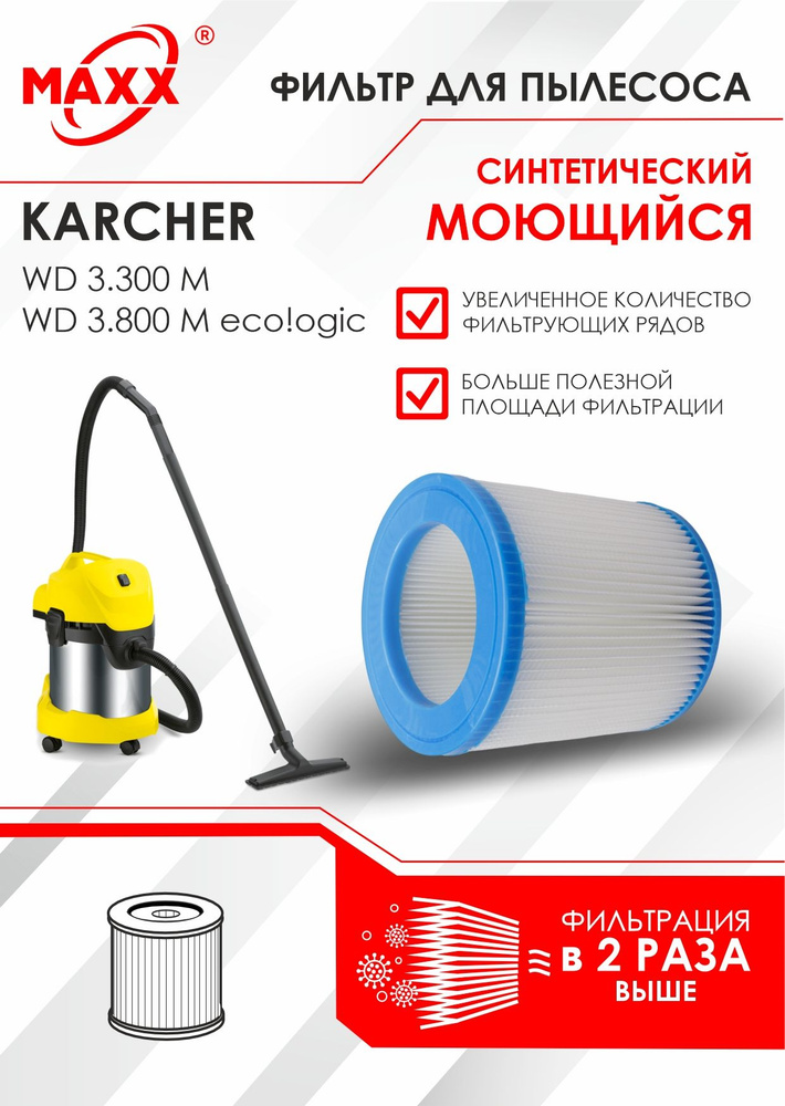 Синтетический патронный фильтр моющийся для пылесоса Karcher WD 3.200, WD 3.300 M, WD 3.800 M eco!ogic #1