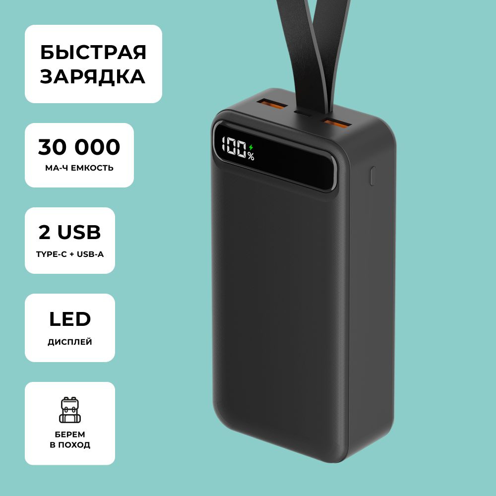 Внешний аккумулятор NRG Turbo V2 30000 mAh, Быстрая зарядка PowerDelivery и QuickCharge , чёрный с дисплеем #1