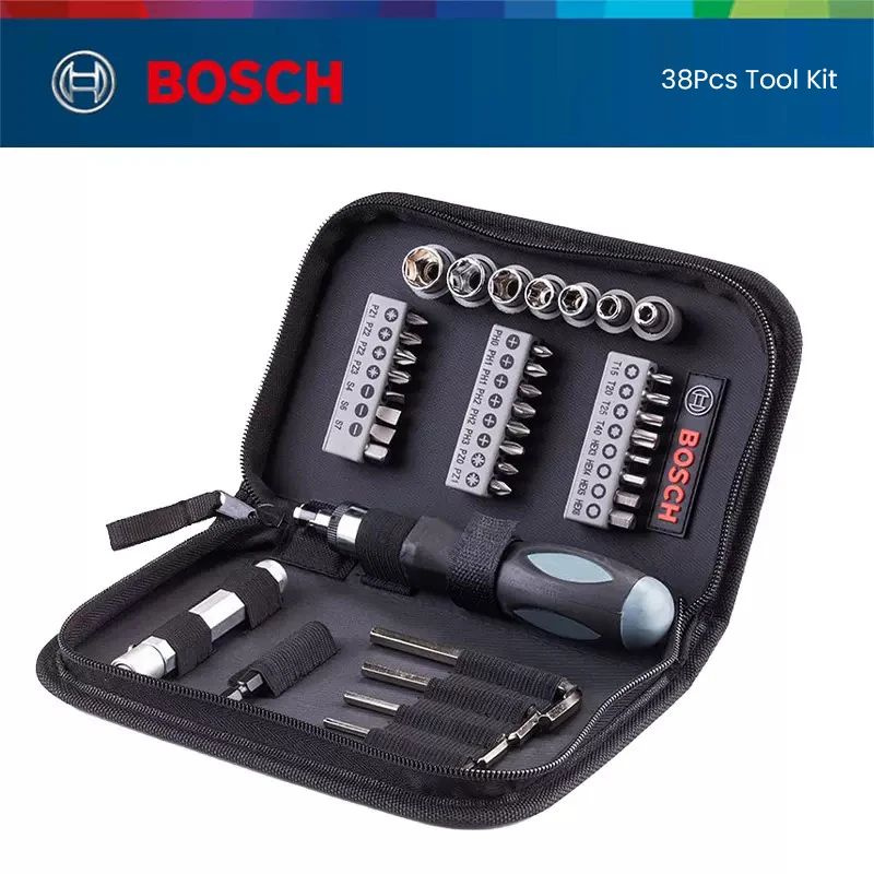 Набор бит для отверток с храповиком Bosch 38шт с удлинителем втулки и фонариком  #1