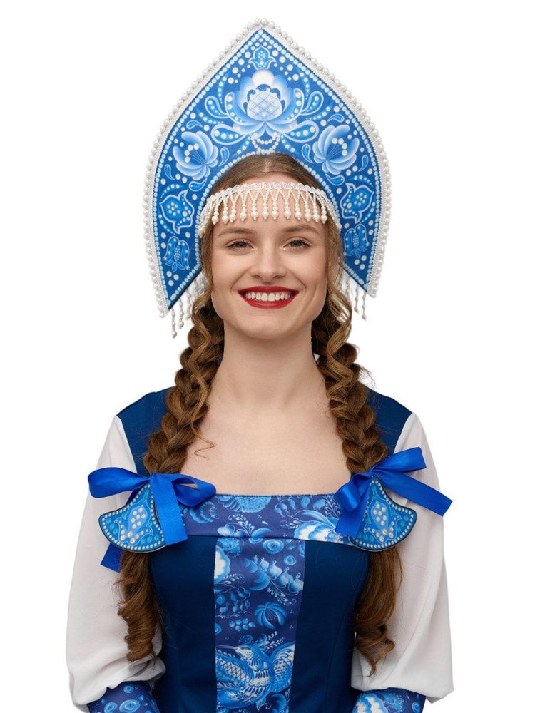 Карнавальный кокошник синий женский с накосниками #1