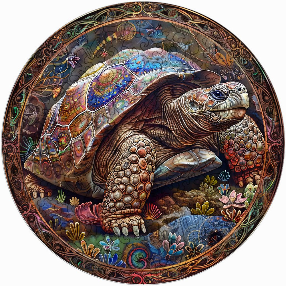 Деревянный пазл "Мандала Гигантская Черепаха" из коллекции с животными, 30х30см, 220 деталей / Фигурный #1