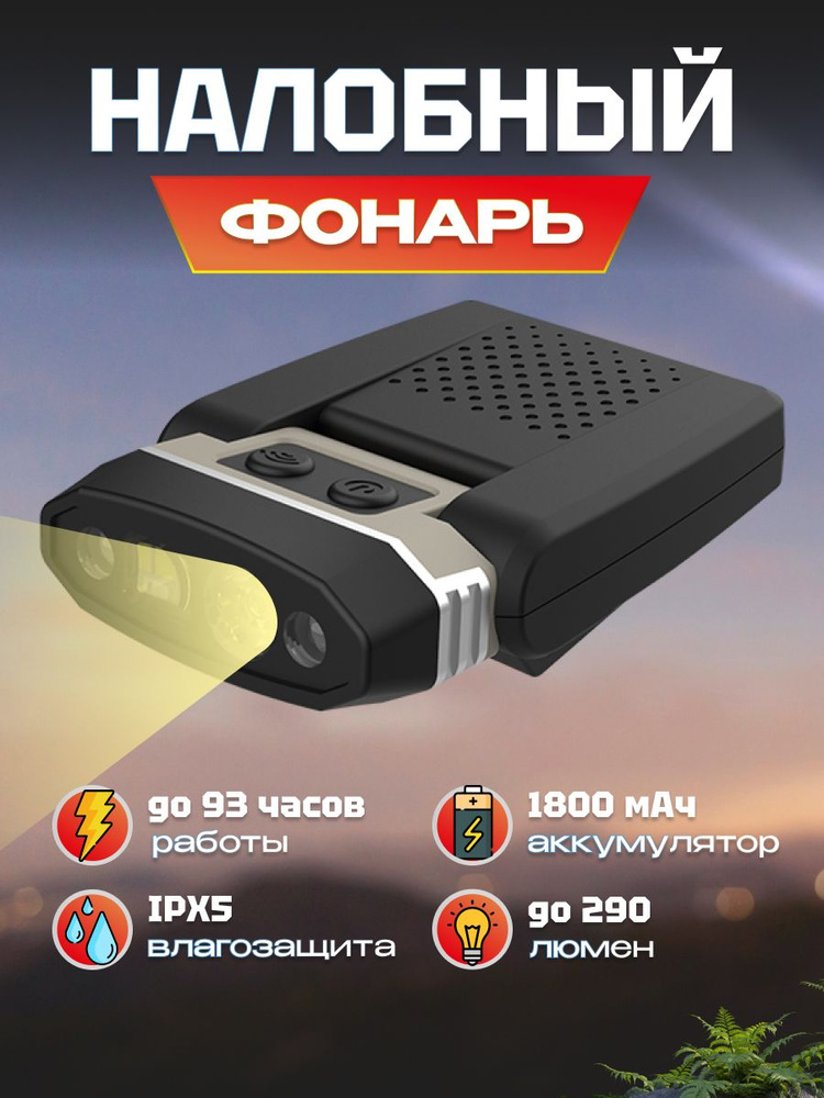 Фонарик налобный аккумуляторный Sunree H300 Sensor Hat Light 290 лм на голову, с сенсором, 1800мАч, IPX5, #1