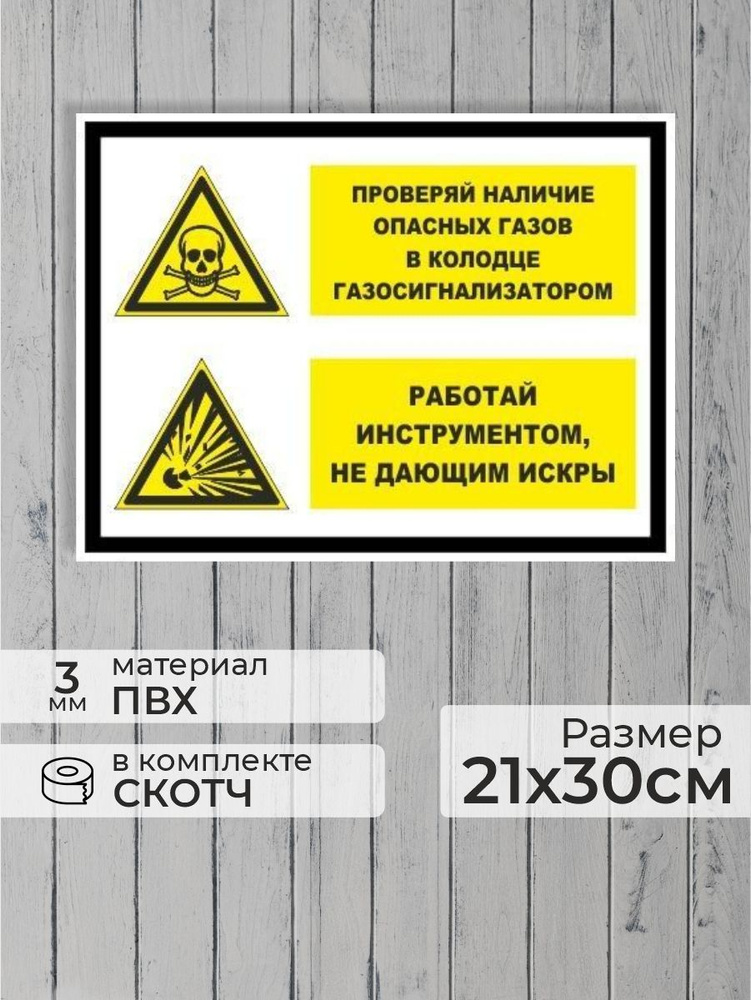 Табличка "Проверяй наличие опасных газов в колодце, работай инструментом, не дающим искры!" А4 (30х21см) #1