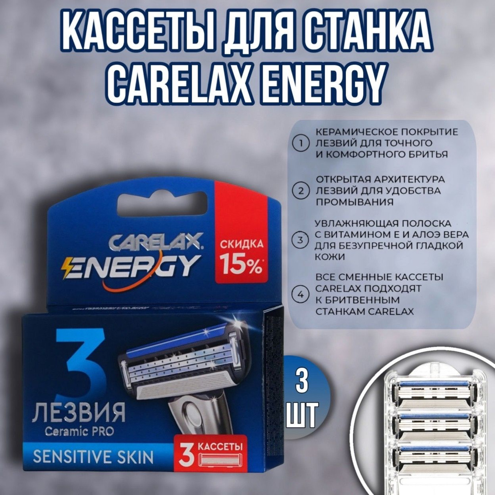 Кассеты мужские для станка Carelax Energy 3 лезвия 3 штуки #1