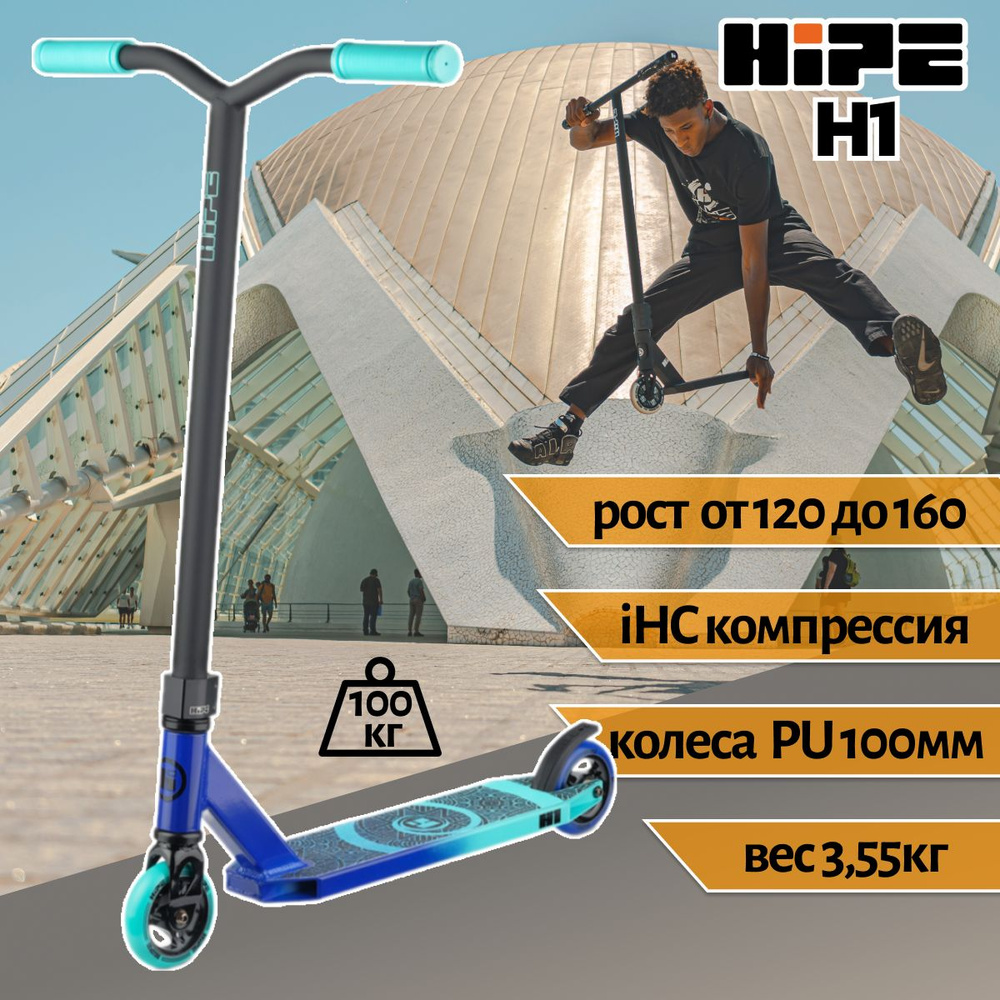 Трюковой самокат HIPE H1 (blue/mint) синий/ мятный 100 мм IHC #1