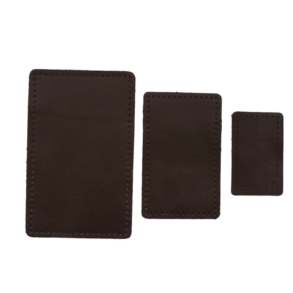 Заплатка на одежду пришивная из кожи, прямоугольная с перфорацией, набор 3 шт, цвет 03 темно-коричневый #1