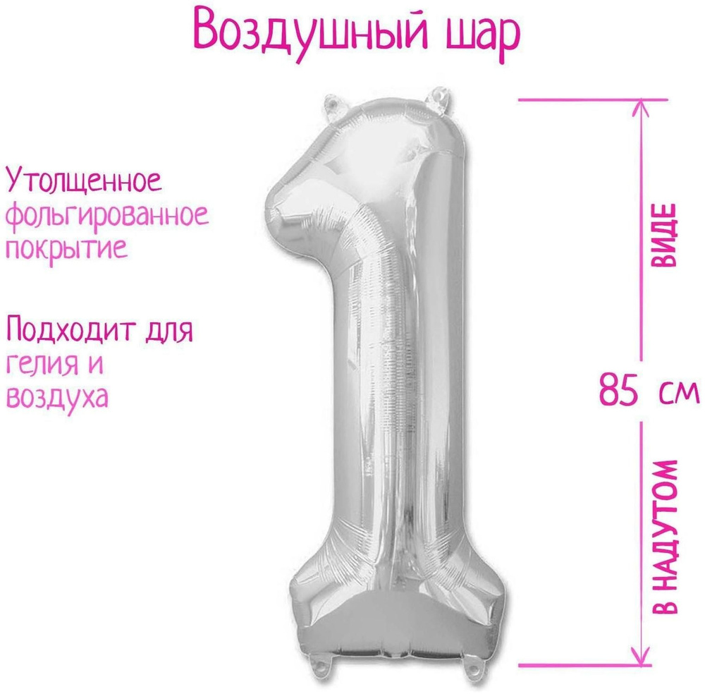 Шар фольгированный 40" Цифра 1, цвет серебряный #1