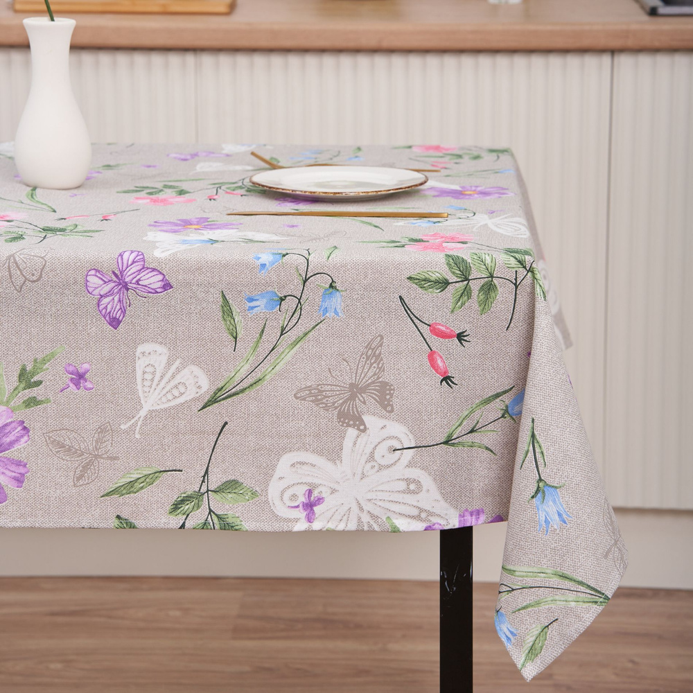 Скатерть на стол 120х145 см из хлопка бежевая рогожка прованс с розами с цветами кухонная на стол для #1