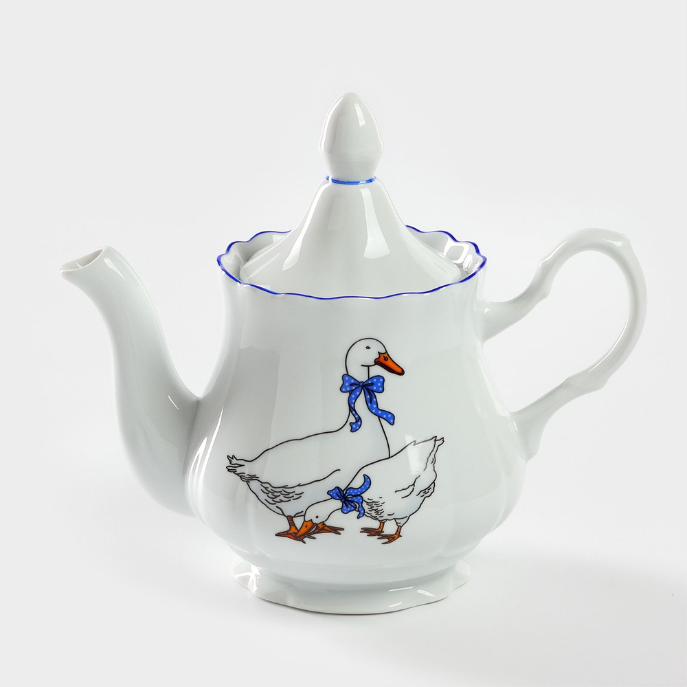 Чайник заварочный, фарфоровый "Гуси", 800 мл, цвет белый, синий  #1