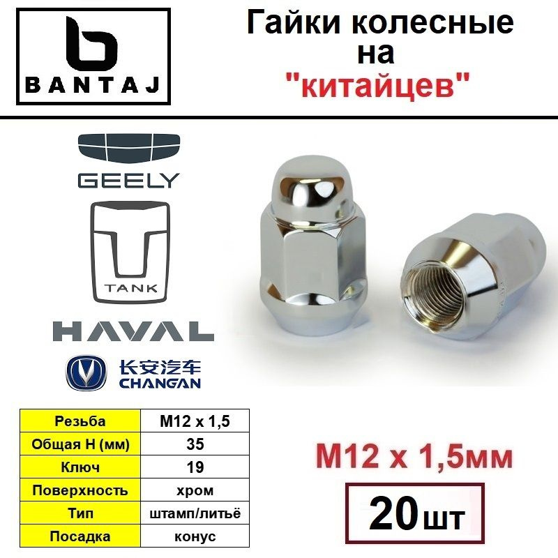 Комплект (20 шт) гаек колёсных BANTAJ M12x1,5 на GEELY CHANGAN TANK HAVAL #1