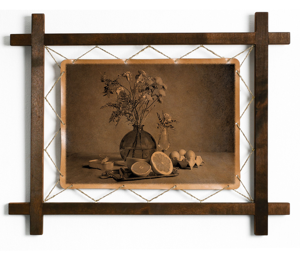 Картина "Натюрморт с грейпфрутом в стиле барокко", гравировка на натуральной коже, интерьерная для украшения #1