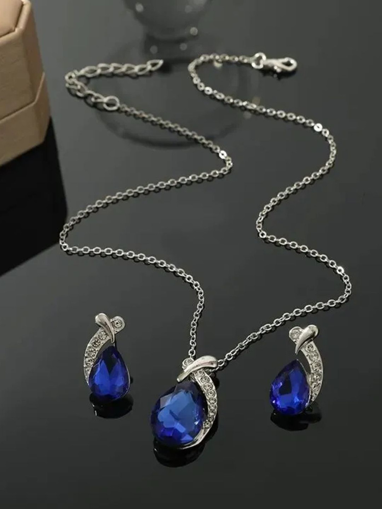 Комплект женской бижутерии, набор украшений серьги и цепочка ожерелье колье, капли со стразами и камнями #1
