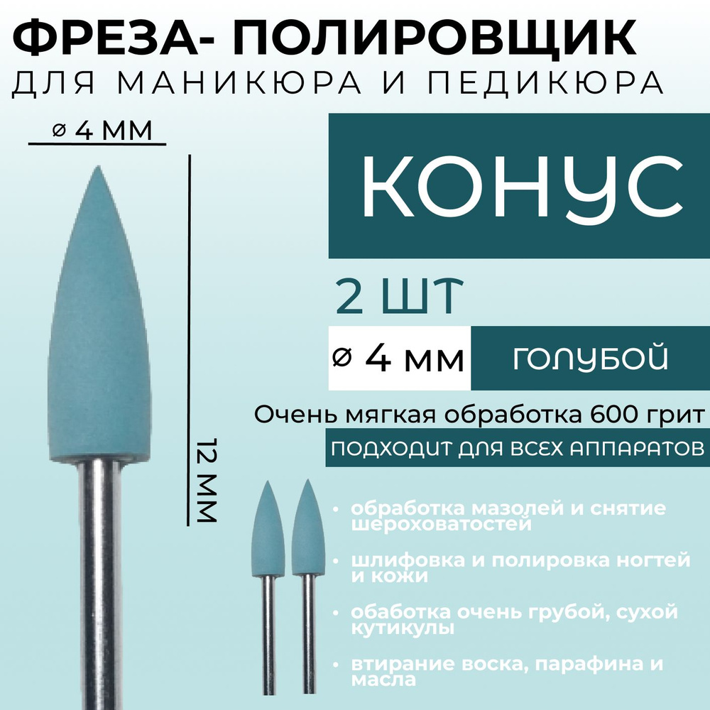 Фреза полировщик силиконовый для маникюра и педикюра (конус) Голубая 600 грит 4*12мм (2 шт)  #1