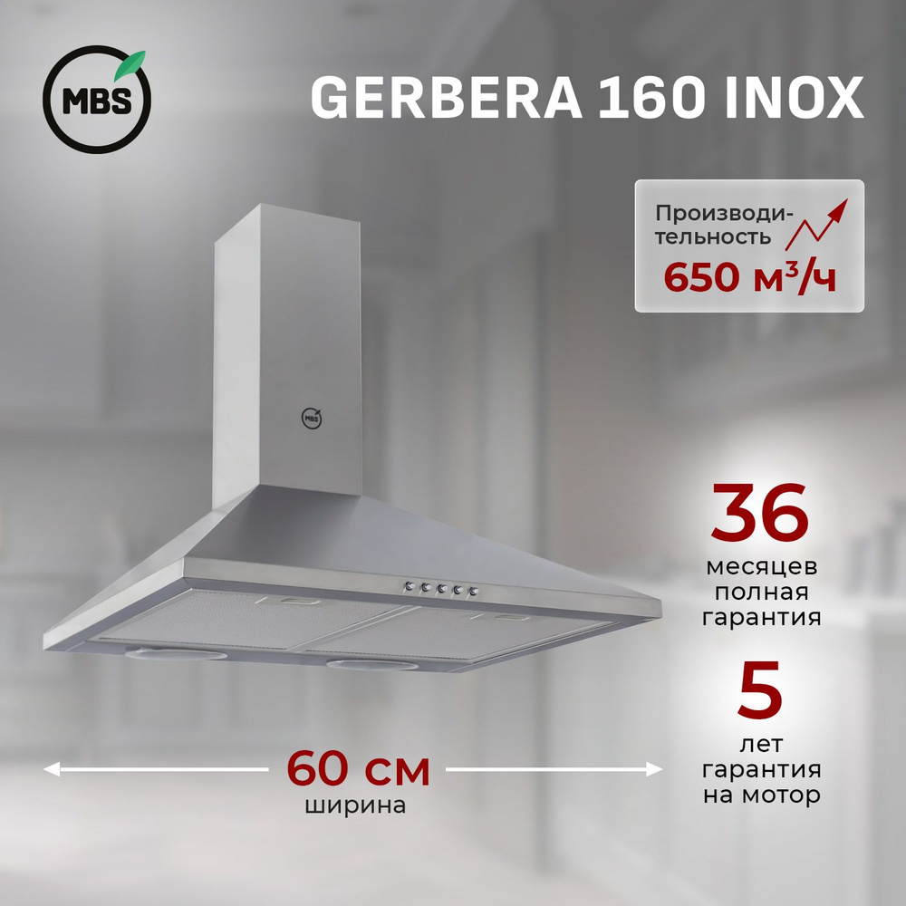 Кухонная вытяжка MBS GERBERA 160 INOX/60 см/производительность 650м3/ч, низкий уровень шума.  #1